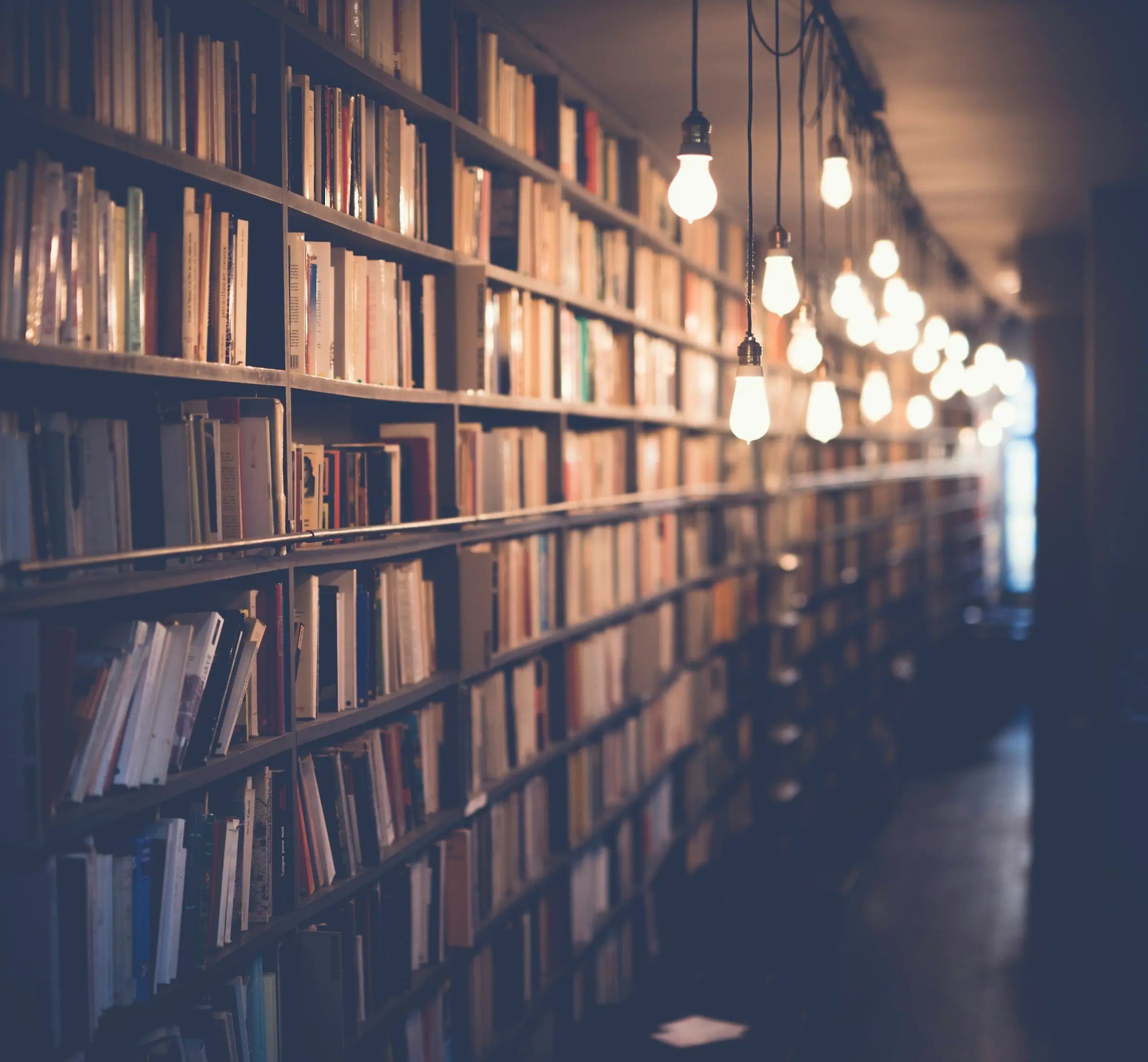 A library aisle of old books under warm hanging bulbs